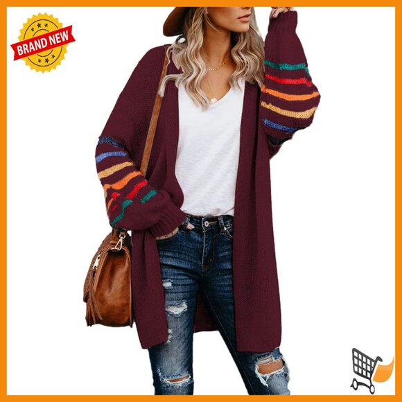 Long Open Front Cardigan Loose Knit Sweater Balloon Sleeve